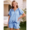 image:imageFlygo Cotton Pajamas for Women Gingham Set Lounge Sets  100 Cotton Plaid Babydoll Top Relaxed Fit Puff Sleeve Shorts Pockets Summer Sleepwear Vacation Wedding PartiesClassicblue