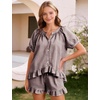 image:imageFlygo Cotton Pajamas for Women Gingham Set Lounge Sets  100 Cotton Plaid Babydoll Top Relaxed Fit Puff Sleeve Shorts Pockets Summer Sleepwear Vacation Wedding PartiesCoffee