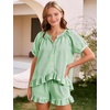 image:imageFlygo Cotton Pajamas for Women Gingham Set Lounge Sets  100 Cotton Plaid Babydoll Top Relaxed Fit Puff Sleeve Shorts Pockets Summer Sleepwear Vacation Wedding PartiesLight Green