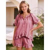 image:imageFlygo Cotton Pajamas for Women Gingham Set Lounge Sets  100 Cotton Plaid Babydoll Top Relaxed Fit Puff Sleeve Shorts Pockets Summer Sleepwear Vacation Wedding PartiesWine Red