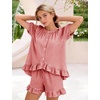 image:imageFlygo Cotton Pajamas for Women Gingham Set Lounge Sets  100 Cotton Plaid Babydoll Top Relaxed Fit Puff Sleeve Shorts Pockets Summer Sleepwear Vacation Wedding PartiesWatermelon