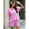 image:imageFlygo Cotton Pajamas for Women Gingham Set Lounge Sets  100 Cotton Plaid Babydoll Top Relaxed Fit Puff Sleeve Shorts Pockets Summer Sleepwear Vacation Wedding PartiesRose Red