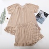 image:imageFlygo Cotton Pajamas for Women Gingham Set Lounge Sets  100 Cotton Plaid Babydoll Top Relaxed Fit Puff Sleeve Shorts Pockets Summer Sleepwear Vacation Wedding PartiesBrown