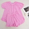 image:imageFlygo Cotton Pajamas for Women Gingham Set Lounge Sets  100 Cotton Plaid Babydoll Top Relaxed Fit Puff Sleeve Shorts Pockets Summer Sleepwear Vacation Wedding PartiesRose Red