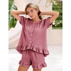 image:imageFlygo Cotton Pajamas for Women Gingham Set Lounge Sets  100 Cotton Plaid Babydoll Top Relaxed Fit Puff Sleeve Shorts Pockets Summer Sleepwear Vacation Wedding PartiesWine Red