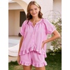 image:imageFlygo Cotton Pajamas for Women Gingham Set Lounge Sets  100 Cotton Plaid Babydoll Top Relaxed Fit Puff Sleeve Shorts Pockets Summer Sleepwear Vacation Wedding PartiesRose Red