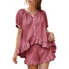 image:imageFlygo Cotton Pajamas for Women Gingham Set Lounge Sets  100 Cotton Plaid Babydoll Top Relaxed Fit Puff Sleeve Shorts Pockets Summer Sleepwear Vacation Wedding PartiesWine Red