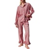 image:imageFlygo Womens Gingham Cotton Pajamas Set Ruffle Pjs Pants Lounge Sets  100 Cotton Lapel Button Down Shirt Long Ruffle Sleeve Ruffled Pants Elastic Waist Pockets Y2K Cute Sleep LoungingWine Red
