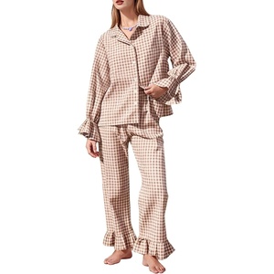 image:imageFlygo Womens Gingham Cotton Pajamas Set Ruffle Pjs Pants Lounge Sets  100 Cotton Lapel Button Down Shirt Long Ruffle Sleeve Ruffled Pants Elastic Waist Pockets Y2K Cute Sleep LoungingBrown