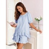 image:imageFlygo Cotton Striped Pajama Set for Women Ruffle Summer Pj Shorts SetsBlue