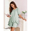 image:imageFlygo Cotton Striped Pajama Set for Women Ruffle Summer Pj Shorts SetsGreen