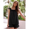 image:imageFlygo Pajamas for Women 2 Piece Cotton Ruffle Tank Top and Shorts  Cute Soft Loungewear Pjs Square Neck Cami Top Drewstring Pockets Elastic Waist Sleepwear Bridal Honeymoon Summer NightwearBlack