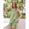 image:imageFlygo Pajamas for Women 2 Piece Cotton Ruffle Tank Top and Shorts  Cute Soft Loungewear Pjs Square Neck Cami Top Drewstring Pockets Elastic Waist Sleepwear Bridal Honeymoon Summer NightwearGreen