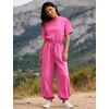 image:imageFlygo Womens One Piece Jumpsuit Casual Crewneck Wide Leg Rompers  Short Sleeve Round Neck Back Cutout Drawstring Elastic Waist Ankle Length Long Pants Travel Airport Cruise Jogger OutfitPink
