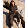 image:imageFlygo Womens One Piece Jumpsuit Casual Crewneck Wide Leg Rompers  Short Sleeve Round Neck Back Cutout Drawstring Elastic Waist Ankle Length Long Pants Travel Airport Cruise Jogger OutfitCoffee