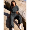 image:imageFlygo Womens One Piece Jumpsuit Casual Crewneck Wide Leg Rompers  Short Sleeve Round Neck Back Cutout Drawstring Elastic Waist Ankle Length Long Pants Travel Airport Cruise Jogger OutfitDarkgrey