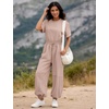 image:imageFlygo Womens One Piece Jumpsuit Casual Crewneck Wide Leg Rompers  Short Sleeve Round Neck Back Cutout Drawstring Elastic Waist Ankle Length Long Pants Travel Airport Cruise Jogger OutfitDustypink