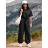 image:imageFlygo Womens One Piece Jumpsuit Casual Crewneck Wide Leg Rompers  Short Sleeve Round Neck Back Cutout Drawstring Elastic Waist Ankle Length Long Pants Travel Airport Cruise Jogger OutfitBlack