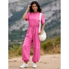 image:imageFlygo Womens One Piece Jumpsuit Casual Crewneck Wide Leg Rompers  Short Sleeve Round Neck Back Cutout Drawstring Elastic Waist Ankle Length Long Pants Travel Airport Cruise Jogger OutfitPink