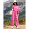 image:imageFlygo Womens One Piece Jumpsuit Casual Crewneck Wide Leg Rompers  Short Sleeve Round Neck Back Cutout Drawstring Elastic Waist Ankle Length Long Pants Travel Airport Cruise Jogger OutfitPink