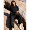 image:imageFlygo Womens One Piece Jumpsuit Casual Crewneck Wide Leg Rompers  Short Sleeve Round Neck Back Cutout Drawstring Elastic Waist Ankle Length Long Pants Travel Airport Cruise Jogger OutfitBlack