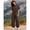image:imageFlygo Womens One Piece Jumpsuit Casual Crewneck Wide Leg Rompers  Short Sleeve Round Neck Back Cutout Drawstring Elastic Waist Ankle Length Long Pants Travel Airport Cruise Jogger OutfitCoffee