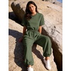 image:imageFlygo Womens One Piece Jumpsuit Casual Crewneck Wide Leg Rompers  Short Sleeve Round Neck Back Cutout Drawstring Elastic Waist Ankle Length Long Pants Travel Airport Cruise Jogger OutfitArmygreen