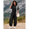 image:imageFlygo Womens One Piece Jumpsuit Casual Crewneck Wide Leg Rompers  Short Sleeve Round Neck Back Cutout Drawstring Elastic Waist Ankle Length Long Pants Travel Airport Cruise Jogger OutfitBlack