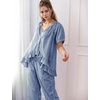 image:imageFlygo Womens Plaid 2 Piece Pajamas Sets Cotton Ruffle Lounge Sleepwear Pjs  Button Down Short Puff Sleeve Babydoll Shirt Wide Leg Elastic Waist Drawstring Pants with Pockets Y2K Gingham Matching SetsNavy