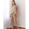image:imageFlygo Womens Plaid 2 Piece Pajamas Sets Cotton Ruffle Lounge Sleepwear Pjs  Button Down Short Puff Sleeve Babydoll Shirt Wide Leg Elastic Waist Drawstring Pants with Pockets Y2K Gingham Matching SetsBrown