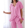 image:imageFlygo Womens Plaid 2 Piece Pajamas Sets Cotton Ruffle Lounge Sleepwear Pjs  Button Down Short Puff Sleeve Babydoll Shirt Wide Leg Elastic Waist Drawstring Pants with Pockets Y2K Gingham Matching SetsRose