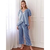 image:imageFlygo Womens Plaid 2 Piece Pajamas Sets Cotton Ruffle Lounge Sleepwear Pjs  Button Down Short Puff Sleeve Babydoll Shirt Wide Leg Elastic Waist Drawstring Pants with Pockets Y2K Gingham Matching SetsNavy