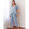 image:imageFlygo Womens Plaid 2 Piece Pajamas Sets Cotton Ruffle Lounge Sleepwear Pjs  Button Down Short Puff Sleeve Babydoll Shirt Wide Leg Elastic Waist Drawstring Pants with Pockets Y2K Gingham Matching SetsBlue