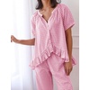 image:imageFlygo Womens Plaid 2 Piece Pajamas Sets Cotton Ruffle Lounge Sleepwear Pjs  Button Down Short Puff Sleeve Babydoll Shirt Wide Leg Elastic Waist Drawstring Pants with Pockets Y2K Gingham Matching SetsPink