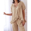 image:imageFlygo Womens Plaid 2 Piece Pajamas Sets Cotton Ruffle Lounge Sleepwear Pjs  Button Down Short Puff Sleeve Babydoll Shirt Wide Leg Elastic Waist Drawstring Pants with Pockets Y2K Gingham Matching SetsBrown