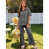 image:imageFlygo Womens Plaid Pajama Sets 2 Piece Cotton Gingham Pjs Loungewear  Button Down Short Sleeve Spread Collar Shirts Ruffled Elastic Waist Long Pants Pockets Y2k Sleepwear Cute Relaxed FitBlack
