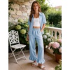 image:imageFlygo Womens Plaid Pajama Sets 2 Piece Cotton Gingham Pjs Loungewear  Button Down Short Sleeve Spread Collar Shirts Ruffled Elastic Waist Long Pants Pockets Y2k Sleepwear Cute Relaxed FitBlue