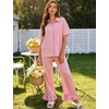 image:imageFlygo Womens Plaid Pajama Sets 2 Piece Cotton Gingham Pjs Loungewear  Button Down Short Sleeve Spread Collar Shirts Ruffled Elastic Waist Long Pants Pockets Y2k Sleepwear Cute Relaxed FitPink