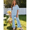 image:imageFlygo Womens Plaid Pajama Sets 2 Piece Cotton Gingham Pjs Loungewear  Button Down Short Sleeve Spread Collar Shirts Ruffled Elastic Waist Long Pants Pockets Y2k Sleepwear Cute Relaxed FitBlue