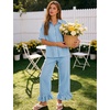 image:imageFlygo Womens Plaid Pajama Sets 2 Piece Cotton Gingham Pjs Loungewear  Button Down Short Sleeve Spread Collar Shirts Ruffled Elastic Waist Long Pants Pockets Y2k Sleepwear Cute Relaxed FitBlue