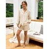 image:imageFlygo Womens Striped Pajama Sets 2 Piece Ruffled Short Lounge Sets  Casual Y2K Pjs Set Long Sleeve Button Down Shirt Collar Elastic Cuff High Waist Drawstring Pockets Bridal PostpartumBrown