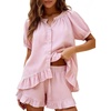 image:imageFlygo Cotton Striped Pajama Set for Women Ruffle Summer Pj Shorts SetsPink