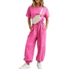 image:imageFlygo Womens One Piece Jumpsuit Casual Crewneck Wide Leg Rompers  Short Sleeve Round Neck Back Cutout Drawstring Elastic Waist Ankle Length Long Pants Travel Airport Cruise Jogger OutfitPink