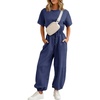 image:imageFlygo Womens One Piece Jumpsuit Casual Crewneck Wide Leg Rompers  Short Sleeve Round Neck Back Cutout Drawstring Elastic Waist Ankle Length Long Pants Travel Airport Cruise Jogger OutfitNavyblue