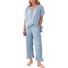 image:imageFlygo Womens Plaid 2 Piece Pajamas Sets Cotton Ruffle Lounge Sleepwear Pjs  Button Down Short Puff Sleeve Babydoll Shirt Wide Leg Elastic Waist Drawstring Pants with Pockets Y2K Gingham Matching SetsBlue
