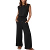 image:imageFlygo Womens Sleeveless Wide Leg Jumpsuit Casual Summer  Soft Flowy Lightweight Fabric Elastic Waist Sleeveless Top Loose Wide Leg Trousers with Side Pockets Casual OutfitBlack