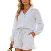 image:imageFlygo Womens Striped Pajama Sets 2 Piece Ruffled Short Lounge Sets  Casual Y2K Pjs Set Long Sleeve Button Down Shirt Collar Elastic Cuff High Waist Drawstring Pockets Bridal PostpartumBlue