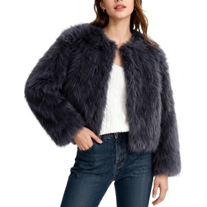 image:imageFlygo Womens Faux Fur Coat Winter Warm Cropped Fluffy Shaggy Jacket  Smooth Lining Open Front Long Sleeve Snap Button 2 Pockets 2026 Luxury Fuzzy Outerwear Cardigan Going Out Wedding PartyDarkgrey