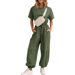 image:imageFlygo Womens One Piece Jumpsuit Casual Crewneck Wide Leg Rompers  Short Sleeve Round Neck Back Cutout Drawstring Elastic Waist Ankle Length Long Pants Travel Airport Cruise Jogger OutfitArmygreen