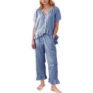image:imageFlygo Womens Plaid 2 Piece Pajamas Sets Cotton Ruffle Lounge Sleepwear Pjs  Button Down Short Puff Sleeve Babydoll Shirt Wide Leg Elastic Waist Drawstring Pants with Pockets Y2K Gingham Matching SetsNavy
